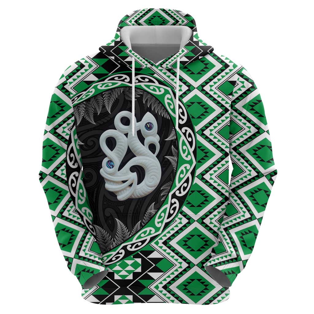 Green Taniko Motif Aotearoa Manaia and Silver Fern Zip Hoodie