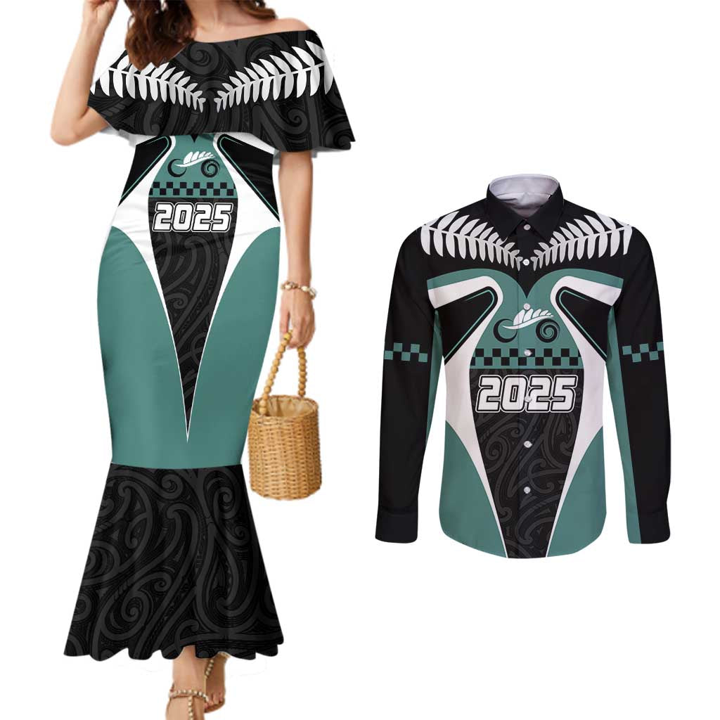 Custom New Zealand Bicycle 2025 Couples Matching Mermaid Dress and Long Sleeve Button Shirt LT03 Black-Teal - Polynesian Pride