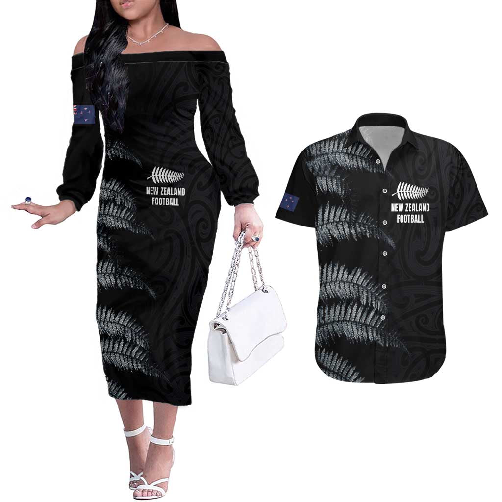 Custom New Zealand Football-Towards World Cup 2026 Couples Matching Off The Shoulder Long Sleeve Dress and Hawaiian Shirt