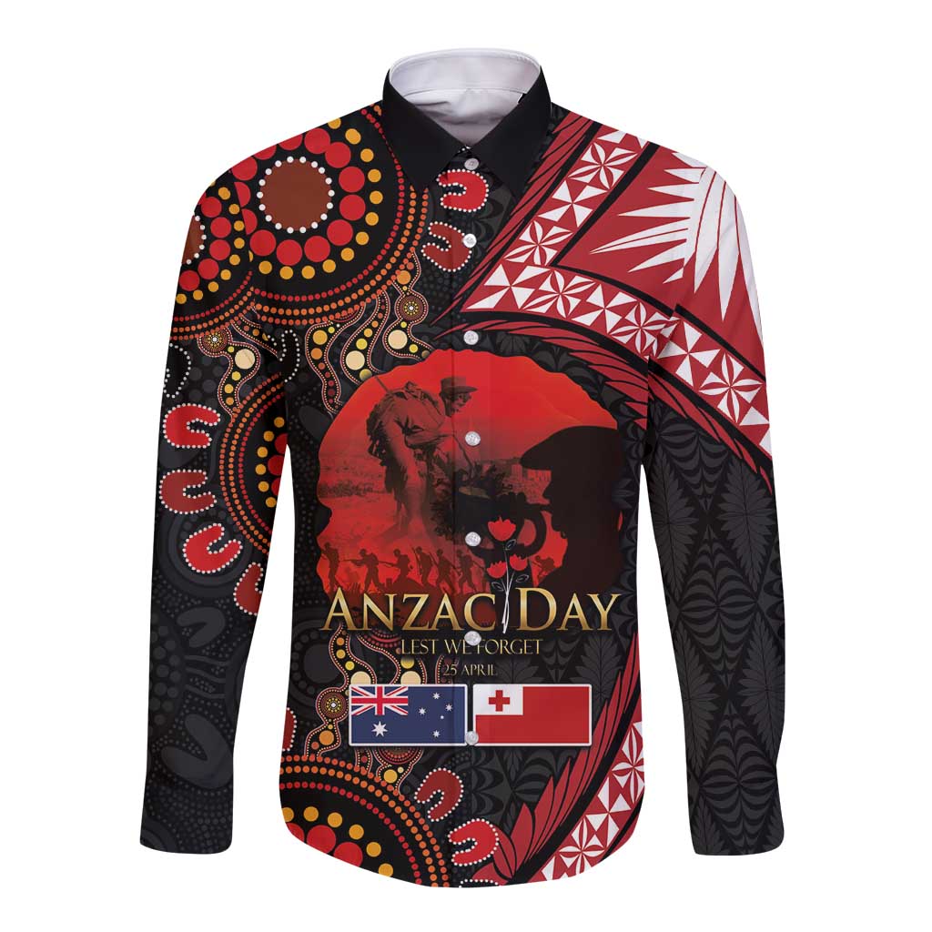 Tonga and Australia ANZAC Day Long Sleeve Button Shirt Aboriginal and Ngatu Art Pattern - Gallipoli Lest We Forget LT03 Unisex Black - Polynesian Pride