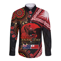 Tonga and Australia ANZAC Day Long Sleeve Button Shirt Aboriginal and Ngatu Art Pattern - Gallipoli Lest We Forget LT03 Unisex Black - Polynesian Pride