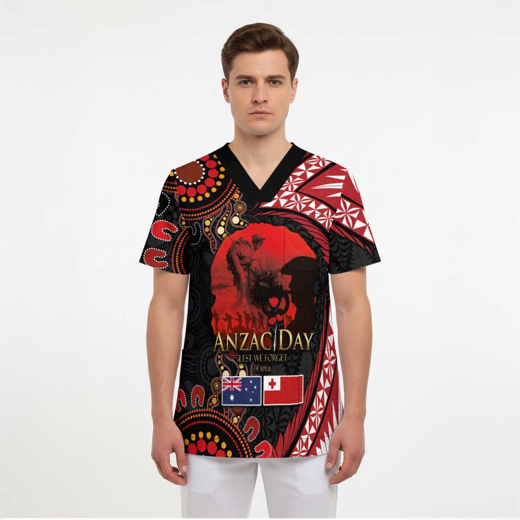 Tonga and Australia ANZAC Day Scrub Top Aboriginal and Ngatu Art Pattern - Gallipoli Lest We Forget - Polynesian Pride