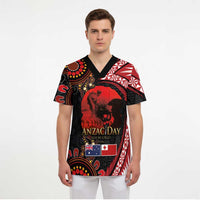 Tonga and Australia ANZAC Day Scrub Top Aboriginal and Ngatu Art Pattern - Gallipoli Lest We Forget - Polynesian Pride