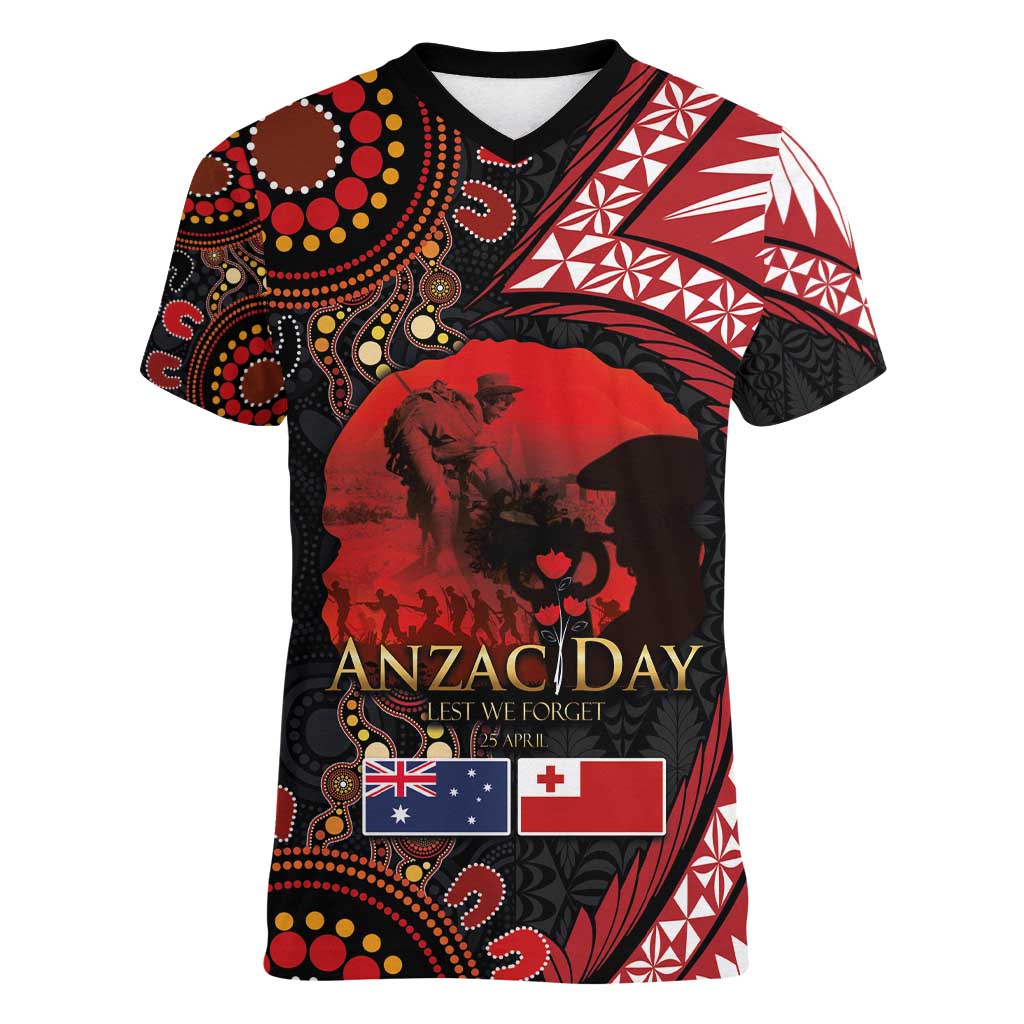 Tonga and Australia ANZAC Day Women V-Neck T-Shirt Aboriginal and Ngatu Art Pattern - Gallipoli Lest We Forget LT03 Female Black - Polynesian Pride