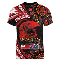 Tonga and Australia ANZAC Day Women V-Neck T-Shirt Aboriginal and Ngatu Art Pattern - Gallipoli Lest We Forget LT03 - Polynesian Pride