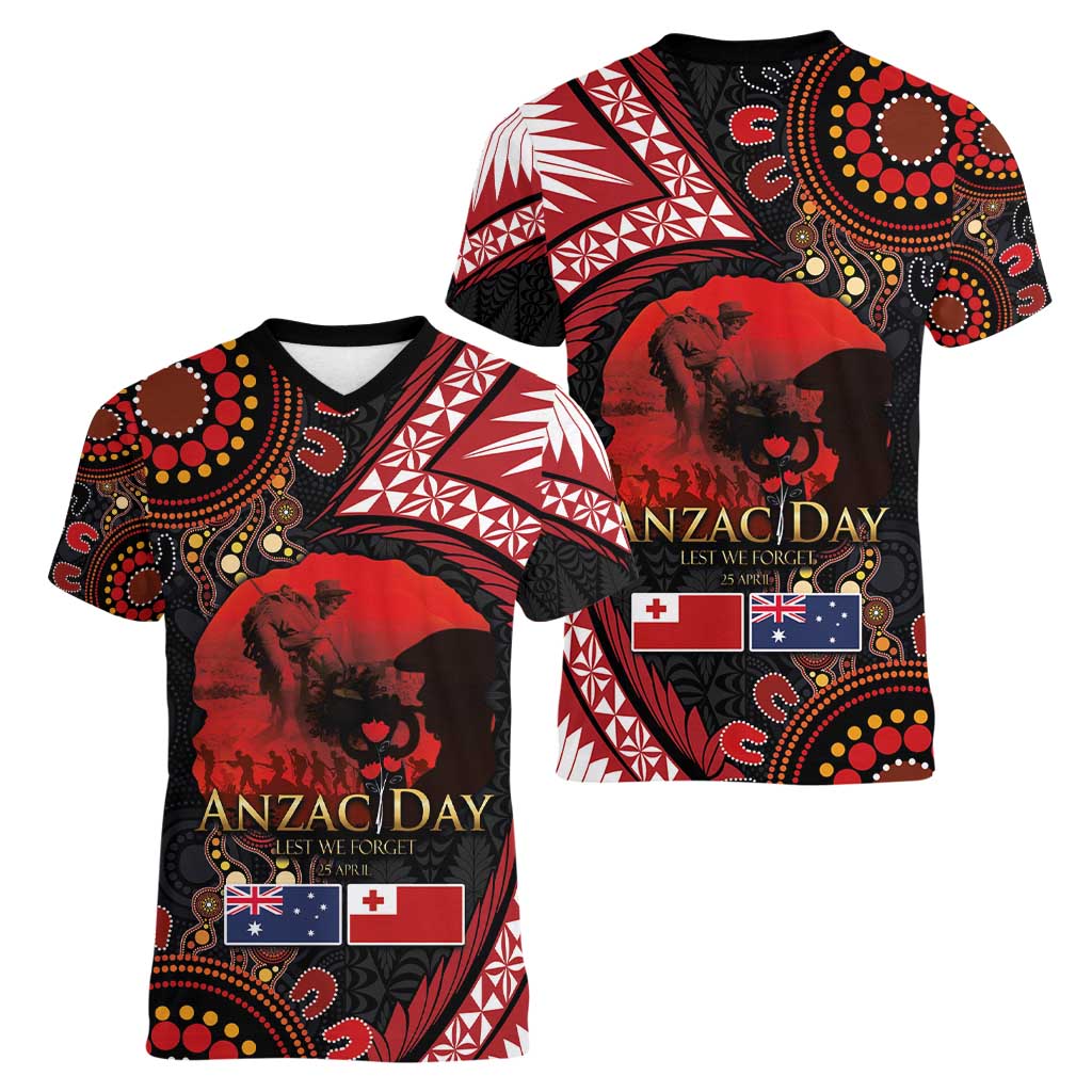 Tonga and Australia ANZAC Day Women V-Neck T-Shirt Aboriginal and Ngatu Art Pattern - Gallipoli Lest We Forget LT03 - Polynesian Pride