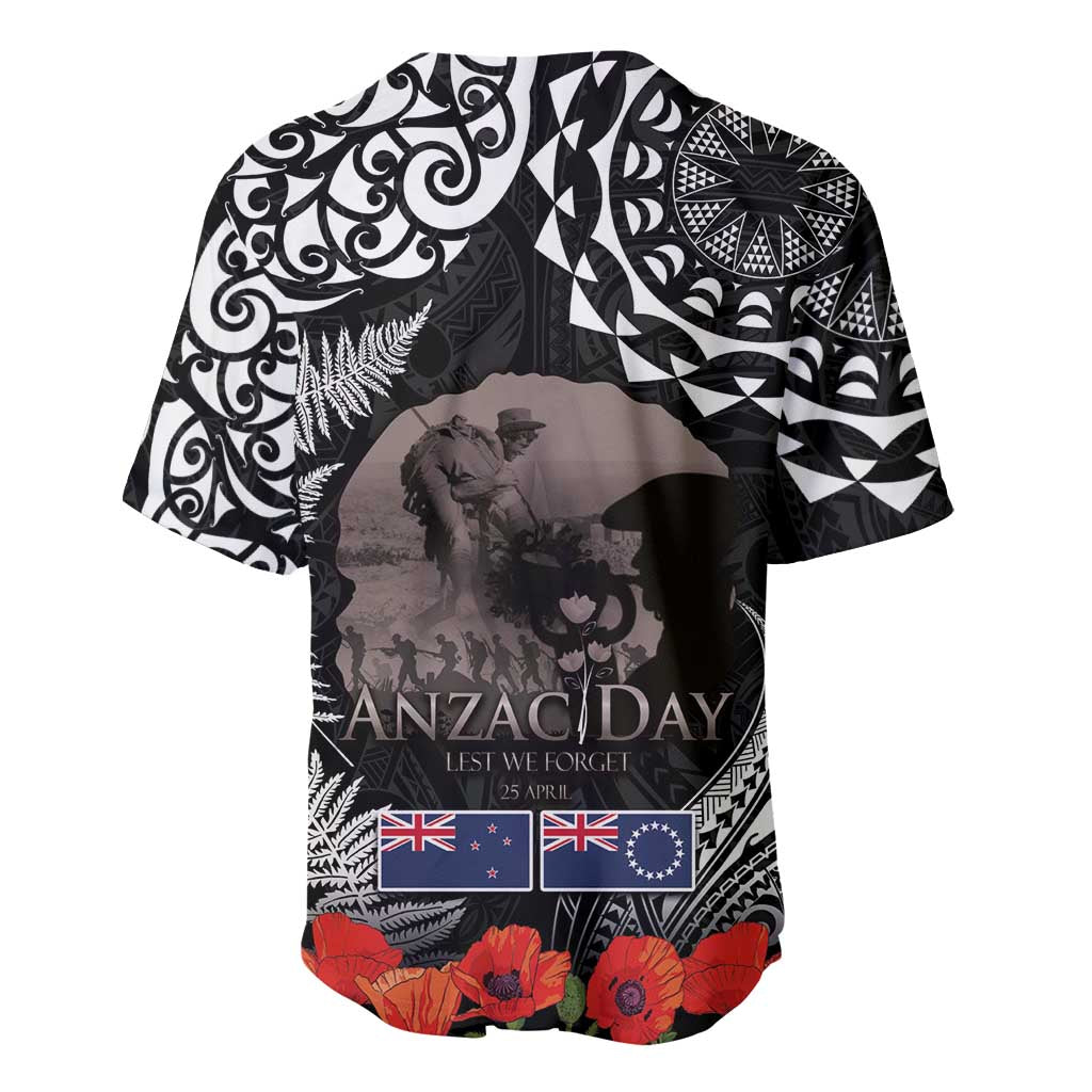 New Zealand and Cook Islands ANZAC Day Baseball Jersey Gallipoli Lest We Forget Tatau Art Tribal and Maori Tattoo with Fern