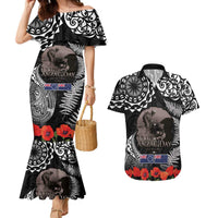New Zealand and Cook Islands ANZAC Day Couples Matching Mermaid Dress and Hawaiian Shirt Gallipoli Lest We Forget Tatau Art Tribal and Maori Tattoo with Fern LT03 Black - Polynesian Pride