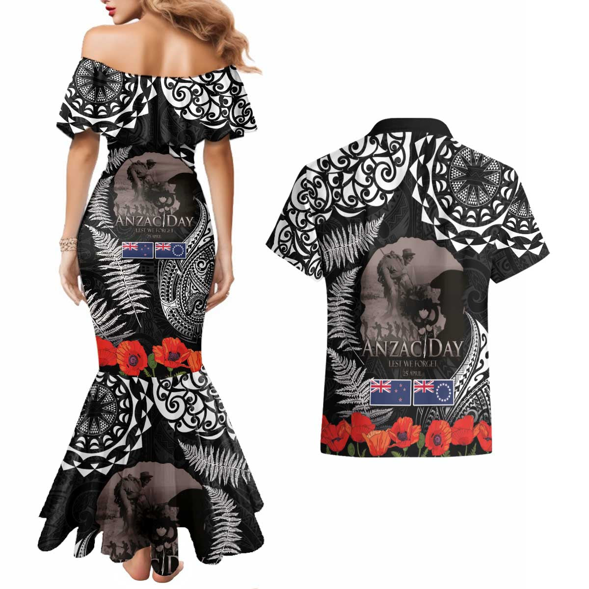 New Zealand and Cook Islands ANZAC Day Couples Matching Mermaid Dress and Hawaiian Shirt Gallipoli Lest We Forget Tatau Art Tribal and Maori Tattoo with Fern LT03 - Polynesian Pride