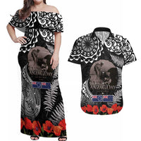 New Zealand and Cook Islands ANZAC Day Couples Matching Off Shoulder Maxi Dress and Hawaiian Shirt Gallipoli Lest We Forget Tatau Art Tribal and Maori Tattoo with Fern LT03 Black - Polynesian Pride