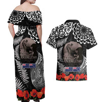 New Zealand and Cook Islands ANZAC Day Couples Matching Off Shoulder Maxi Dress and Hawaiian Shirt Gallipoli Lest We Forget Tatau Art Tribal and Maori Tattoo with Fern LT03 - Polynesian Pride