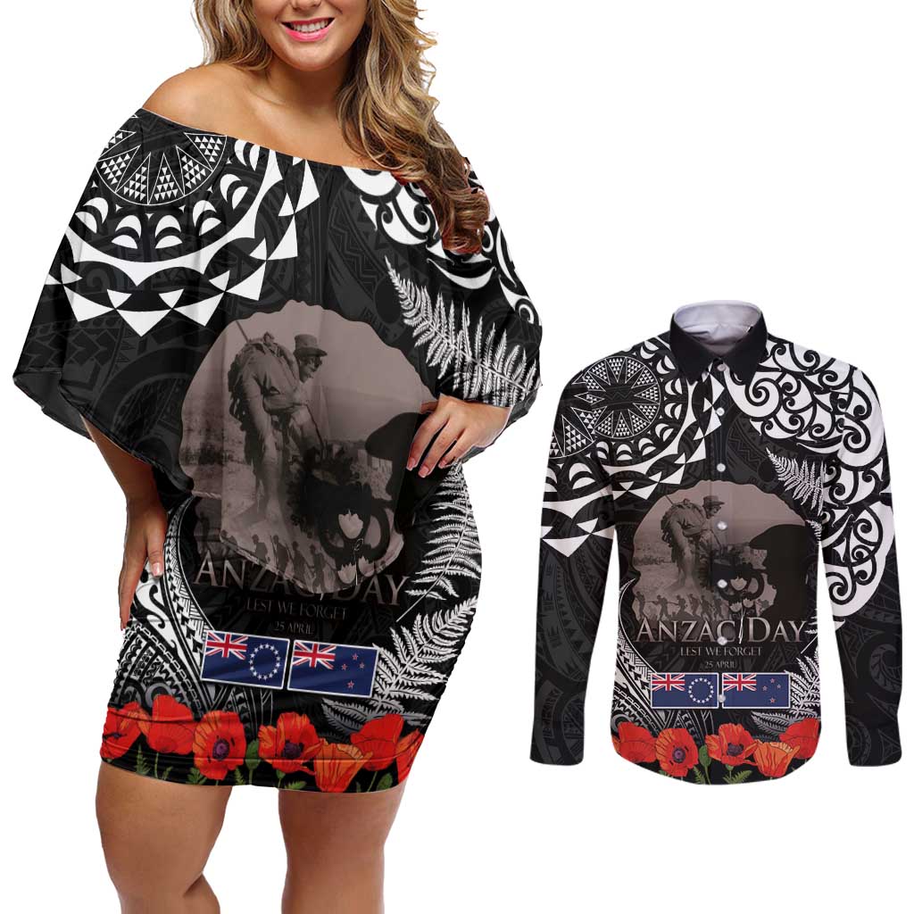New Zealand and Cook Islands ANZAC Day Couples Matching Off Shoulder Short Dress and Long Sleeve Button Shirt Gallipoli Lest We Forget Tatau Art Tribal and Maori Tattoo with Fern LT03 Black - Polynesian Pride