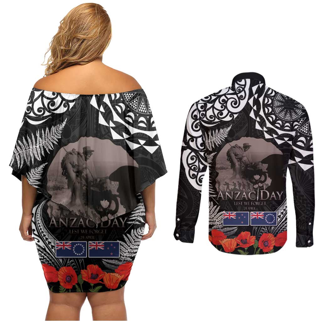 New Zealand and Cook Islands ANZAC Day Couples Matching Off Shoulder Short Dress and Long Sleeve Button Shirt Gallipoli Lest We Forget Tatau Art Tribal and Maori Tattoo with Fern LT03 - Polynesian Pride