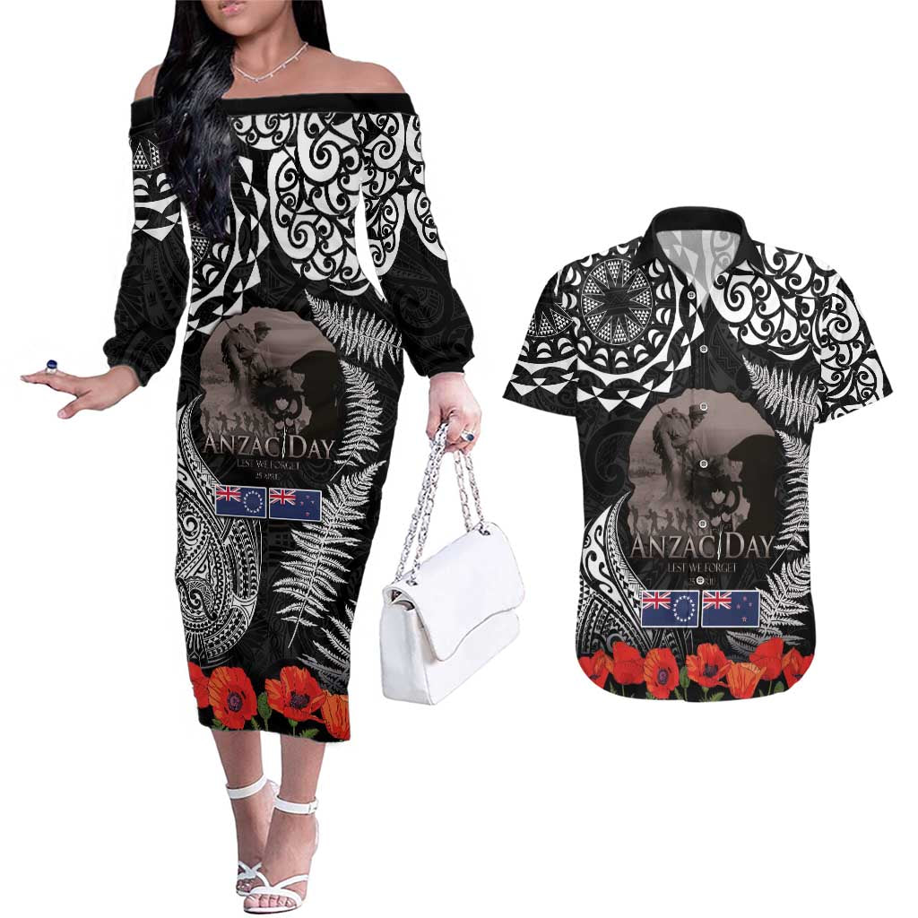 New Zealand and Cook Islands ANZAC Day Couples Matching Off The Shoulder Long Sleeve Dress and Hawaiian Shirt Gallipoli Lest We Forget Tatau Art Tribal and Maori Tattoo with Fern LT03 Black - Polynesian Pride