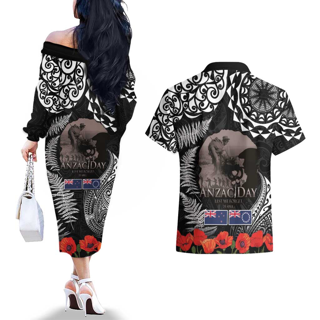 New Zealand and Cook Islands ANZAC Day Couples Matching Off The Shoulder Long Sleeve Dress and Hawaiian Shirt Gallipoli Lest We Forget Tatau Art Tribal and Maori Tattoo with Fern LT03 - Polynesian Pride