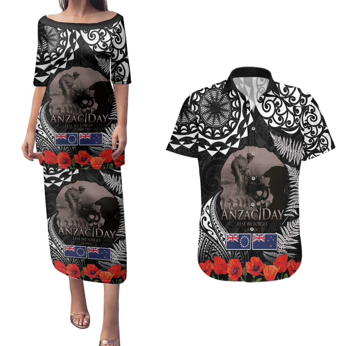 New Zealand and Cook Islands ANZAC Day Couples Matching Puletasi and Hawaiian Shirt Gallipoli Lest We Forget Tatau Art Tribal and Maori Tattoo with Fern LT03 Black - Polynesian Pride