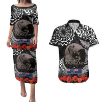 New Zealand and Cook Islands ANZAC Day Couples Matching Puletasi and Hawaiian Shirt Gallipoli Lest We Forget Tatau Art Tribal and Maori Tattoo with Fern LT03 Black - Polynesian Pride