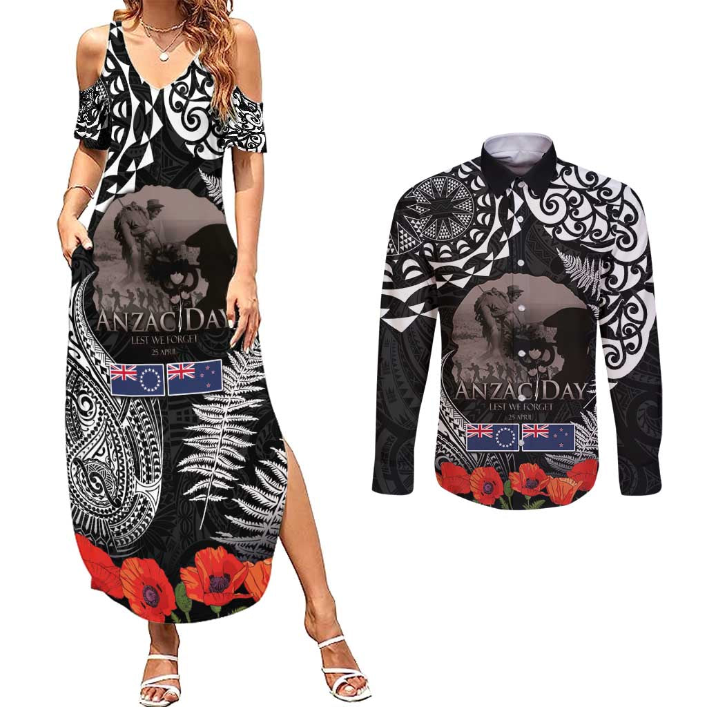 New Zealand and Cook Islands ANZAC Day Couples Matching Summer Maxi Dress and Long Sleeve Button Shirt Gallipoli Lest We Forget Tatau Art Tribal and Maori Tattoo with Fern LT03 Black - Polynesian Pride