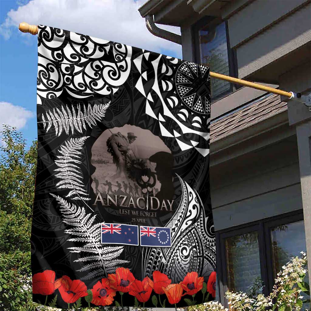 New Zealand and Cook Islands ANZAC Day Garden Flag Gallipoli Lest We Forget Tatau Art Tribal and Maori Tattoo with Fern