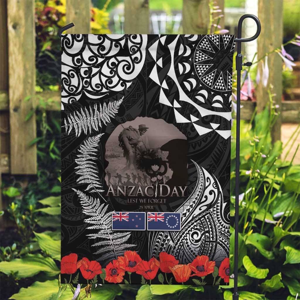 New Zealand and Cook Islands ANZAC Day Garden Flag Gallipoli Lest We Forget Tatau Art Tribal and Maori Tattoo with Fern