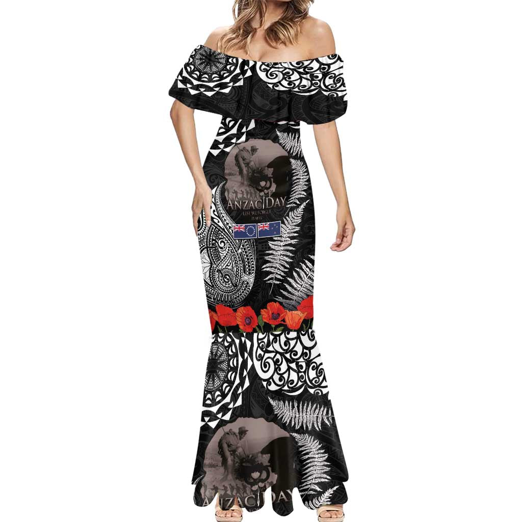 New Zealand and Cook Islands ANZAC Day Mermaid Dress Gallipoli Lest We Forget Tatau Art Tribal and Maori Tattoo with Fern