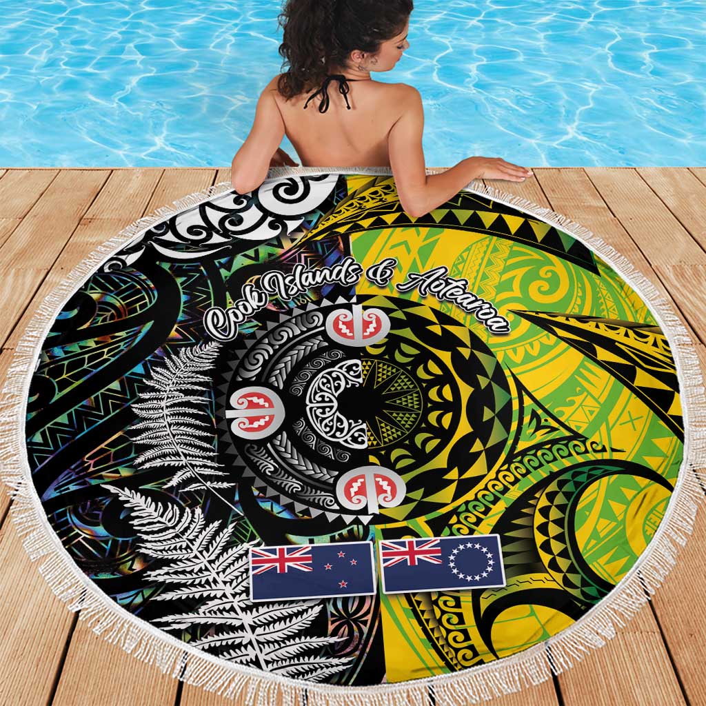 New Zealand and Cook Islands Together Beach Blanket Tatau Art Tribal Pattern-Maori Tattoo with Fern and Paua Shell