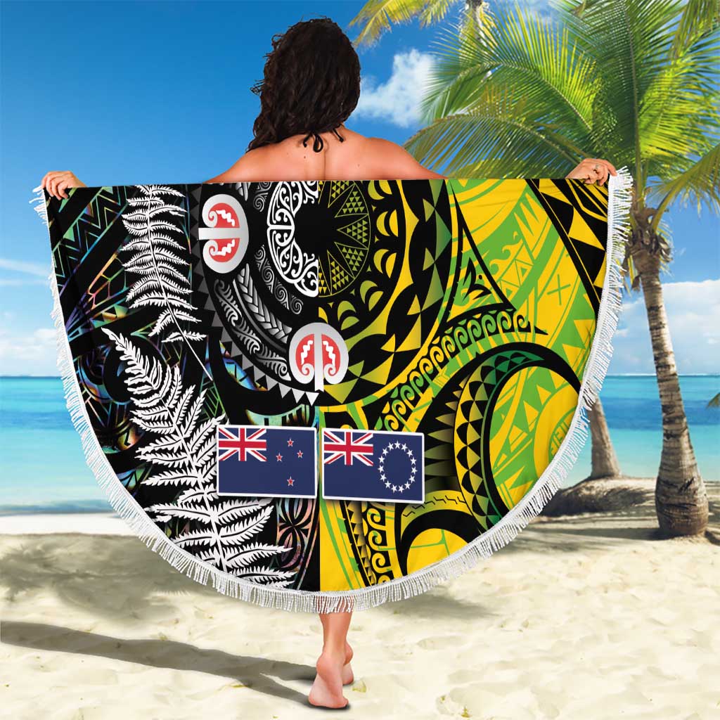 New Zealand and Cook Islands Together Beach Blanket Tatau Art Tribal Pattern-Maori Tattoo with Fern and Paua Shell