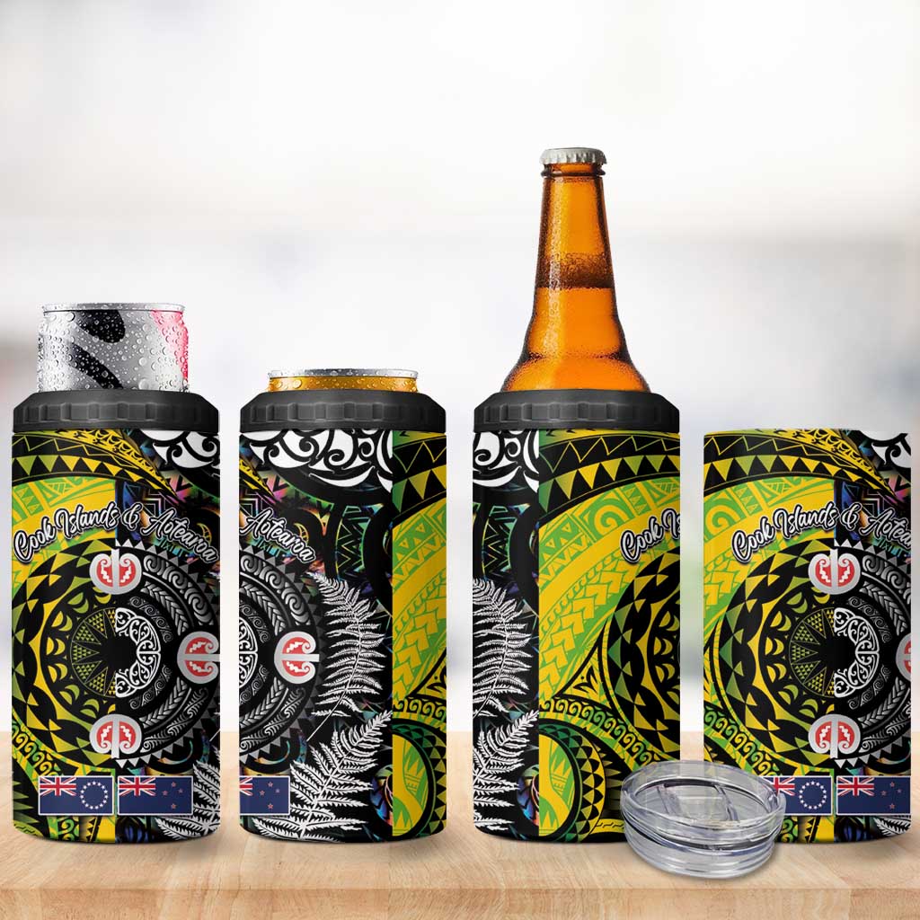 New Zealand and Cook Islands Together 4 in 1 Can Cooler Tumbler Tatau Art Tribal Pattern-Maori Tattoo with Fern and Paua Shell