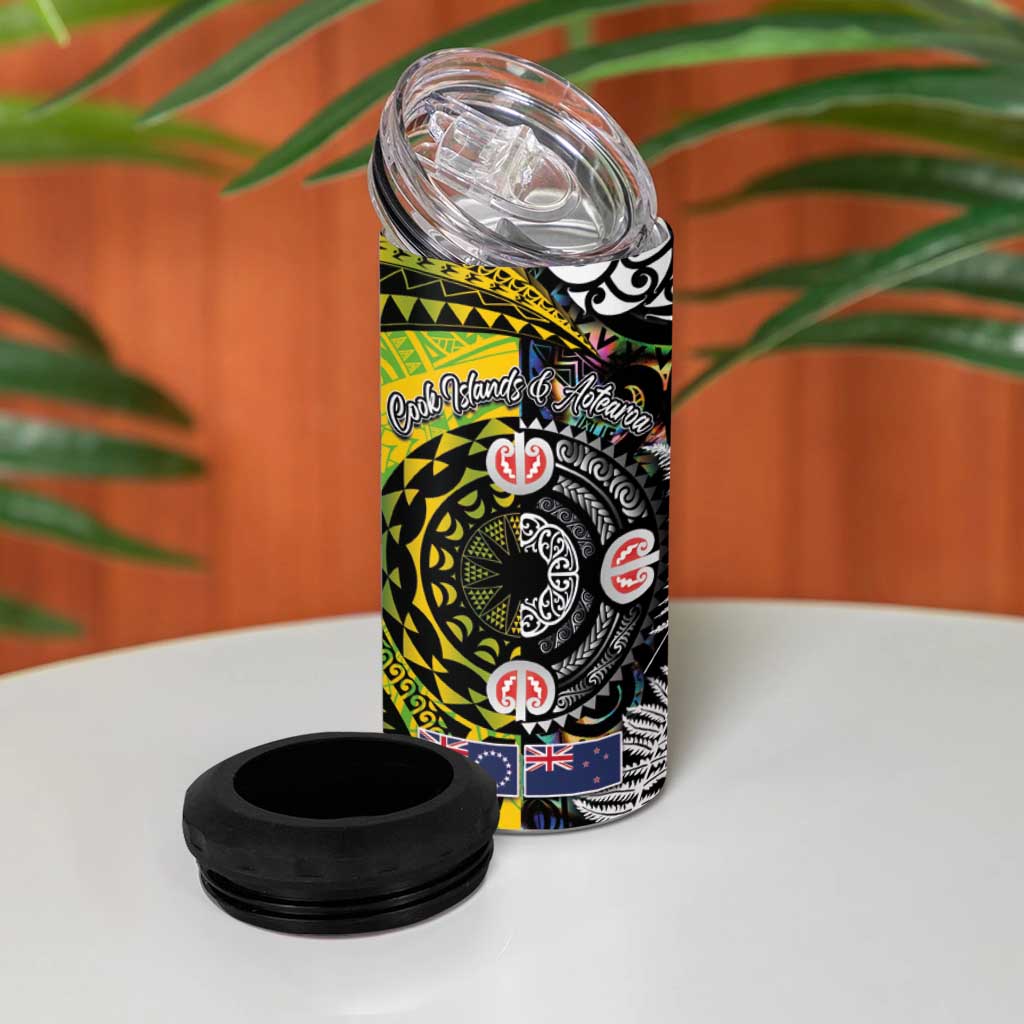 New Zealand and Cook Islands Together 4 in 1 Can Cooler Tumbler Tatau Art Tribal Pattern-Maori Tattoo with Fern and Paua Shell