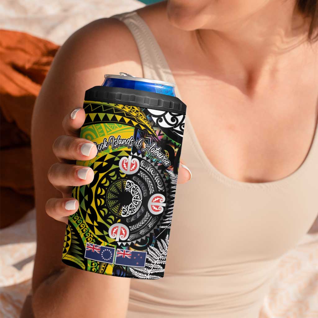 New Zealand and Cook Islands Together 4 in 1 Can Cooler Tumbler Tatau Art Tribal Pattern-Maori Tattoo with Fern and Paua Shell