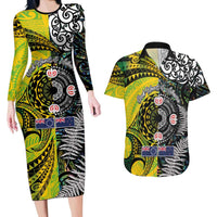 New Zealand and Cook Islands Together Couples Matching Long Sleeve Bodycon Dress and Hawaiian Shirt Tatau Art Tribal Pattern-Maori Tattoo with Fern and Paua Shell LT03 Art - Polynesian Pride
