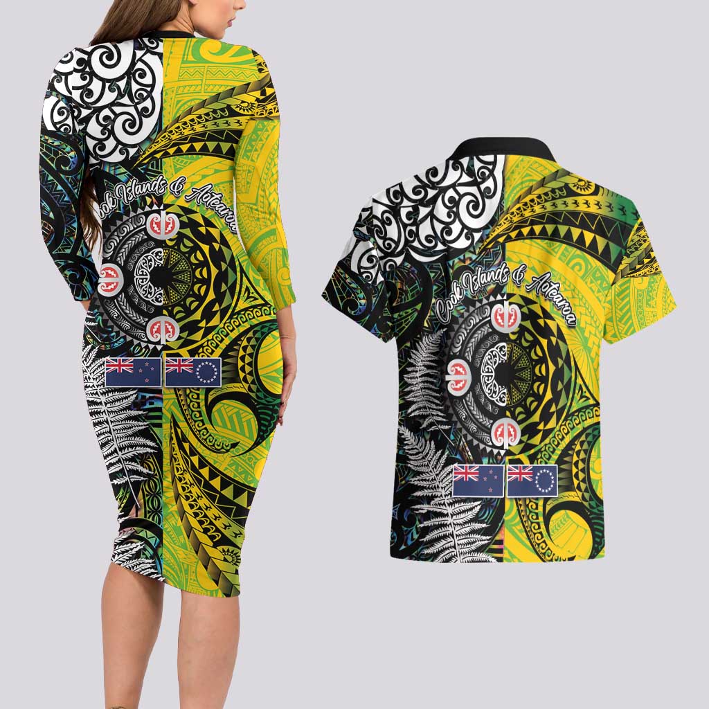 New Zealand and Cook Islands Together Couples Matching Long Sleeve Bodycon Dress and Hawaiian Shirt Tatau Art Tribal Pattern-Maori Tattoo with Fern and Paua Shell LT03 - Polynesian Pride