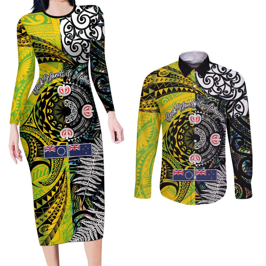 New Zealand and Cook Islands Together Couples Matching Long Sleeve Bodycon Dress and Long Sleeve Button Shirt Tatau Art Tribal Pattern-Maori Tattoo with Fern and Paua Shell LT03 Art - Polynesian Pride