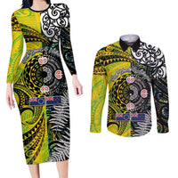 New Zealand and Cook Islands Together Couples Matching Long Sleeve Bodycon Dress and Long Sleeve Button Shirt Tatau Art Tribal Pattern-Maori Tattoo with Fern and Paua Shell LT03 Art - Polynesian Pride