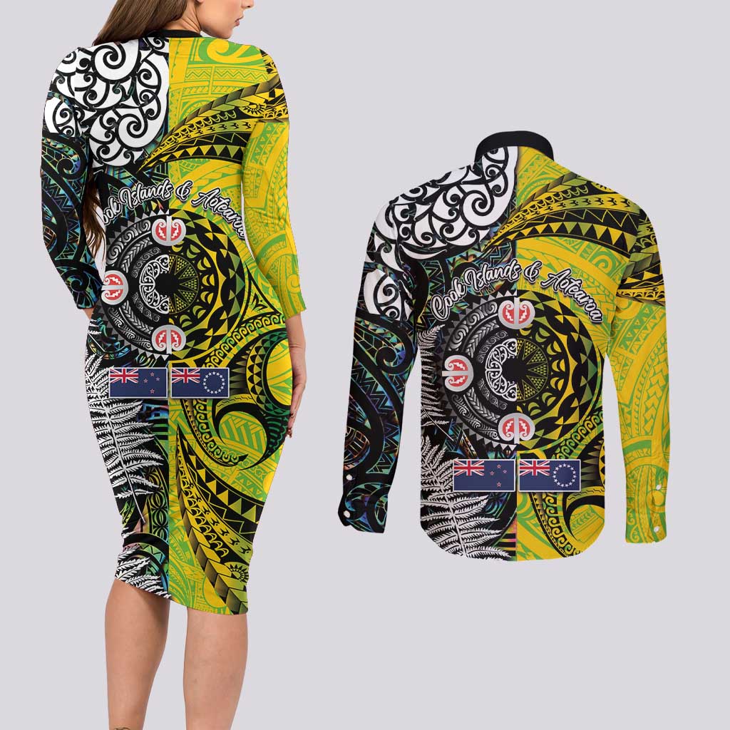 New Zealand and Cook Islands Together Couples Matching Long Sleeve Bodycon Dress and Long Sleeve Button Shirt Tatau Art Tribal Pattern-Maori Tattoo with Fern and Paua Shell LT03 - Polynesian Pride
