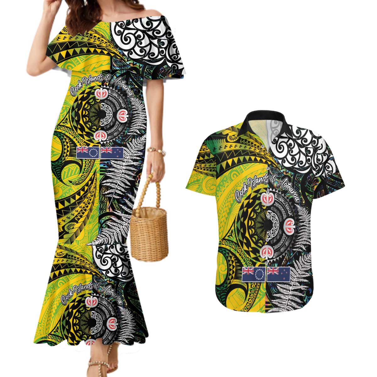 New Zealand and Cook Islands Together Couples Matching Mermaid Dress and Hawaiian Shirt Tatau Art Tribal Pattern-Maori Tattoo with Fern and Paua Shell LT03 Art - Polynesian Pride