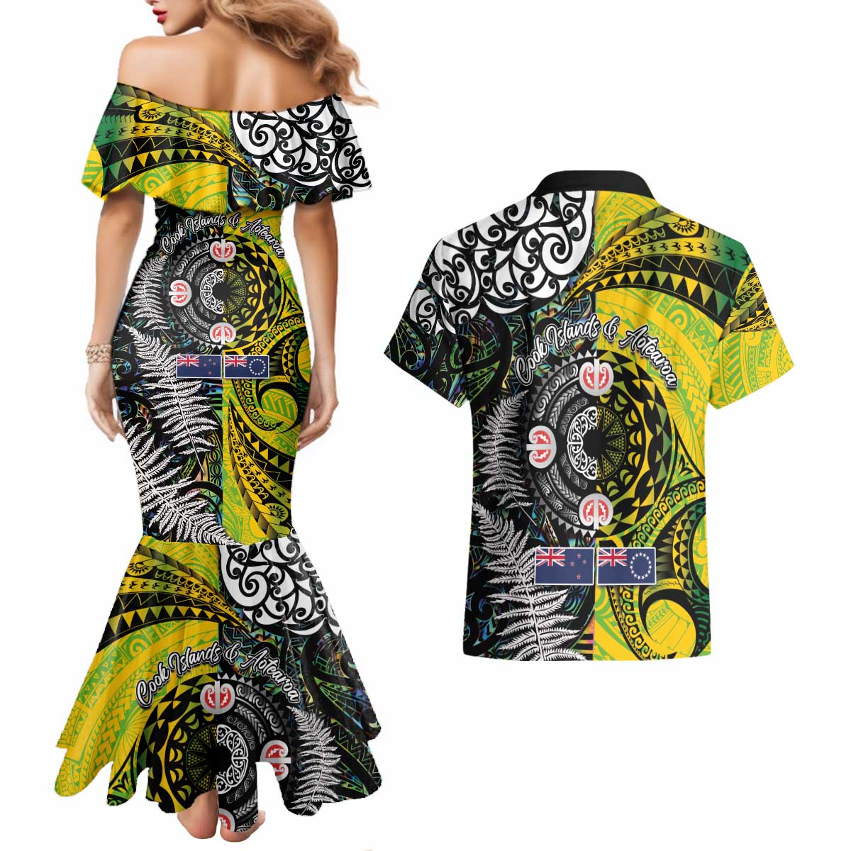New Zealand and Cook Islands Together Couples Matching Mermaid Dress and Hawaiian Shirt Tatau Art Tribal Pattern-Maori Tattoo with Fern and Paua Shell LT03 - Polynesian Pride