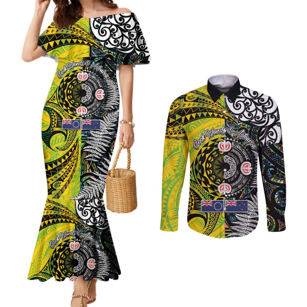 New Zealand and Cook Islands Together Couples Matching Mermaid Dress and Long Sleeve Button Shirt Tatau Art Tribal Pattern-Maori Tattoo with Fern and Paua Shell LT03 Art - Polynesian Pride