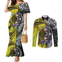 New Zealand and Cook Islands Together Couples Matching Mermaid Dress and Long Sleeve Button Shirt Tatau Art Tribal Pattern-Maori Tattoo with Fern and Paua Shell LT03 Art - Polynesian Pride