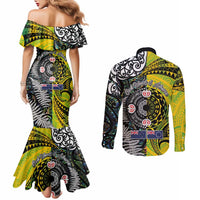 New Zealand and Cook Islands Together Couples Matching Mermaid Dress and Long Sleeve Button Shirt Tatau Art Tribal Pattern-Maori Tattoo with Fern and Paua Shell LT03 - Polynesian Pride