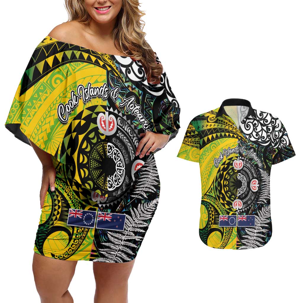 New Zealand and Cook Islands Together Couples Matching Off Shoulder Short Dress and Hawaiian Shirt Tatau Art Tribal Pattern-Maori Tattoo with Fern and Paua Shell LT03 Art - Polynesian Pride