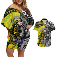 New Zealand and Cook Islands Together Couples Matching Off Shoulder Short Dress and Hawaiian Shirt Tatau Art Tribal Pattern-Maori Tattoo with Fern and Paua Shell LT03 Art - Polynesian Pride