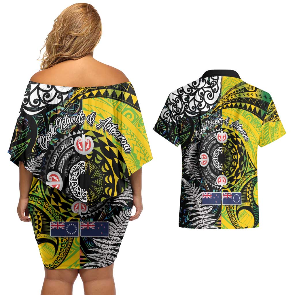 New Zealand and Cook Islands Together Couples Matching Off Shoulder Short Dress and Hawaiian Shirt Tatau Art Tribal Pattern-Maori Tattoo with Fern and Paua Shell LT03 - Polynesian Pride