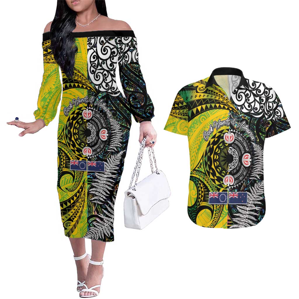 New Zealand and Cook Islands Together Couples Matching Off The Shoulder Long Sleeve Dress and Hawaiian Shirt Tatau Art Tribal Pattern-Maori Tattoo with Fern and Paua Shell LT03 Art - Polynesian Pride