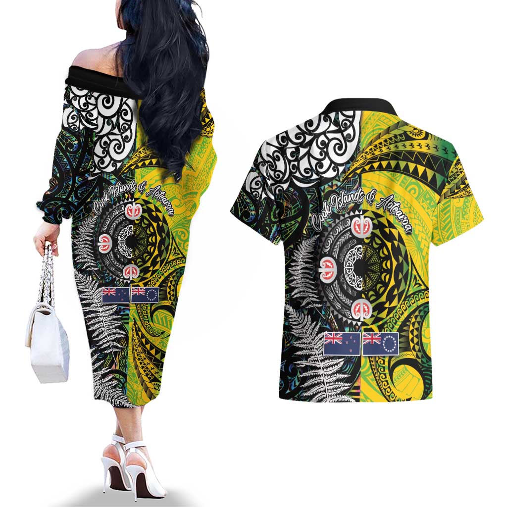 New Zealand and Cook Islands Together Couples Matching Off The Shoulder Long Sleeve Dress and Hawaiian Shirt Tatau Art Tribal Pattern-Maori Tattoo with Fern and Paua Shell LT03 - Polynesian Pride