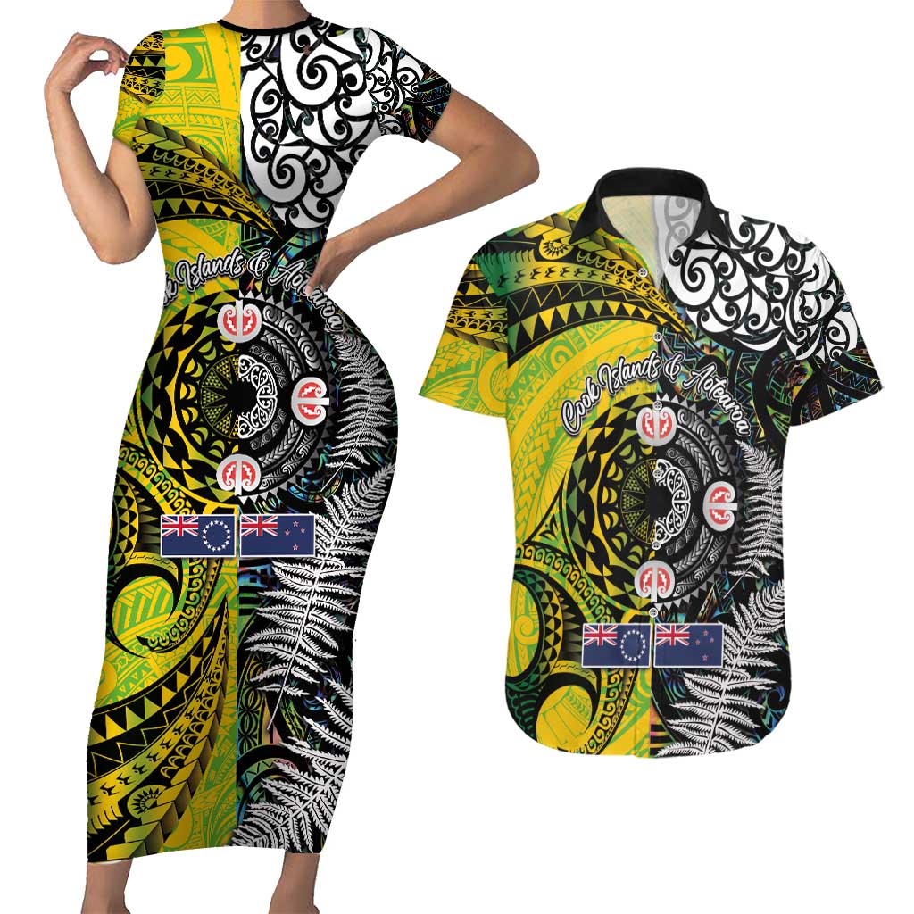 New Zealand and Cook Islands Together Couples Matching Short Sleeve Bodycon Dress and Hawaiian Shirt Tatau Art Tribal Pattern-Maori Tattoo with Fern and Paua Shell LT03 Art - Polynesian Pride