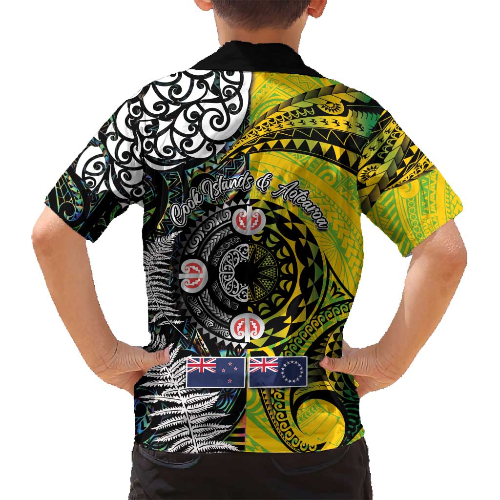 New Zealand and Cook Islands Together Family Matching Long Sleeve Bodycon Dress and Hawaiian Shirt Tatau Art Tribal Pattern-Maori Tattoo with Fern and Paua Shell LT03 - Polynesian Pride