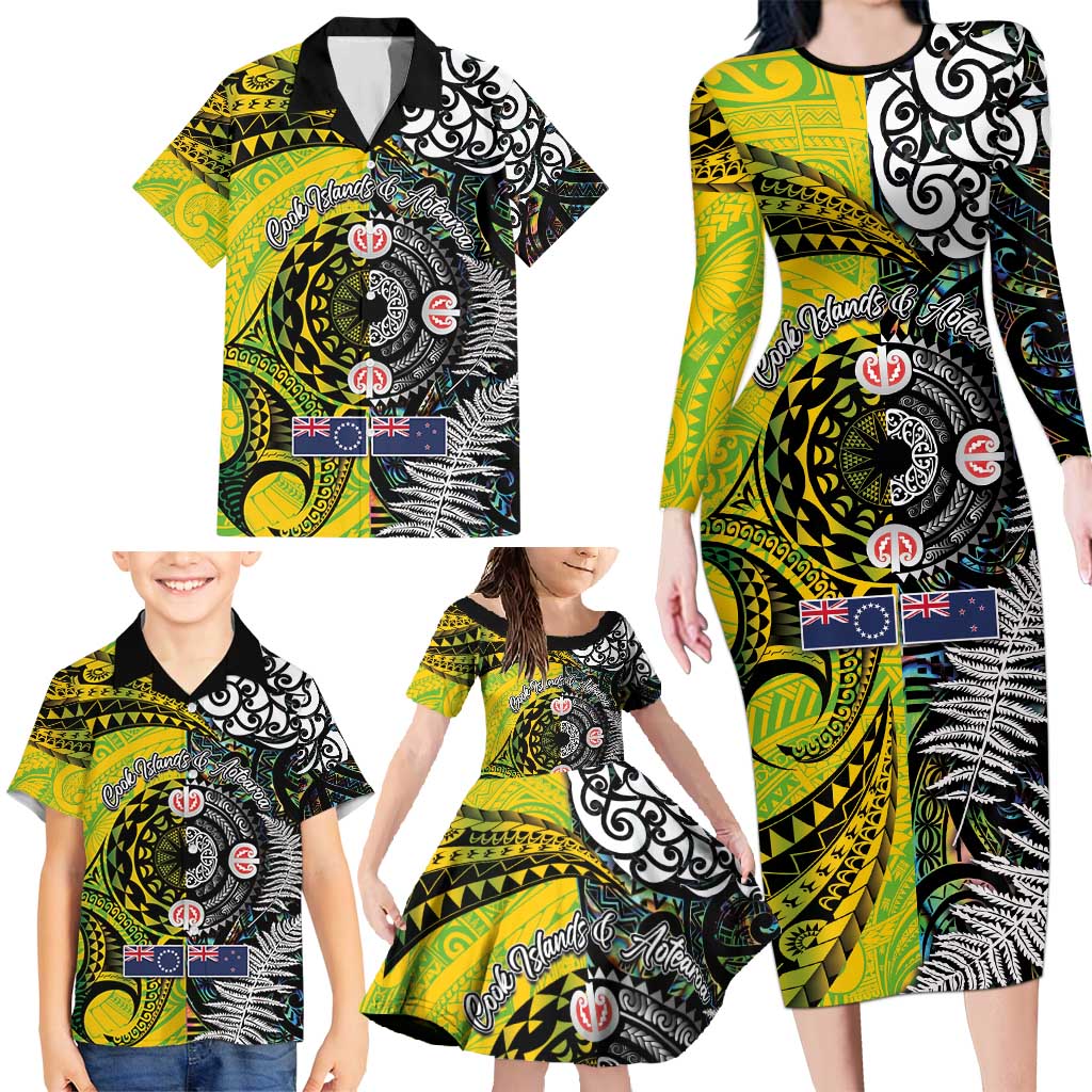New Zealand and Cook Islands Together Family Matching Long Sleeve Bodycon Dress and Hawaiian Shirt Tatau Art Tribal Pattern-Maori Tattoo with Fern and Paua Shell LT03 - Polynesian Pride
