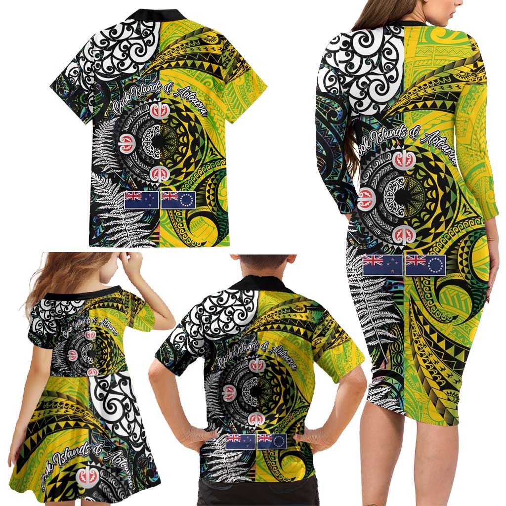 New Zealand and Cook Islands Together Family Matching Long Sleeve Bodycon Dress and Hawaiian Shirt Tatau Art Tribal Pattern-Maori Tattoo with Fern and Paua Shell LT03 - Polynesian Pride