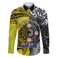 New Zealand and Cook Islands Together Family Matching Long Sleeve Bodycon Dress and Hawaiian Shirt Tatau Art Tribal Pattern-Maori Tattoo with Fern and Paua Shell LT03 Dad's Shirt - Long Sleeve Art - Polynesian Pride